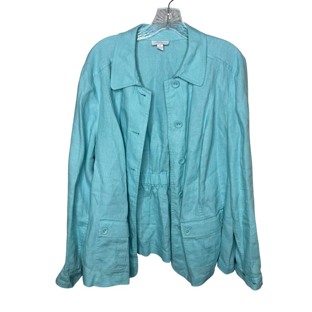 Charter Club Woman 1X Aqua Linen Button Front Jacket‎ Utility Pockets